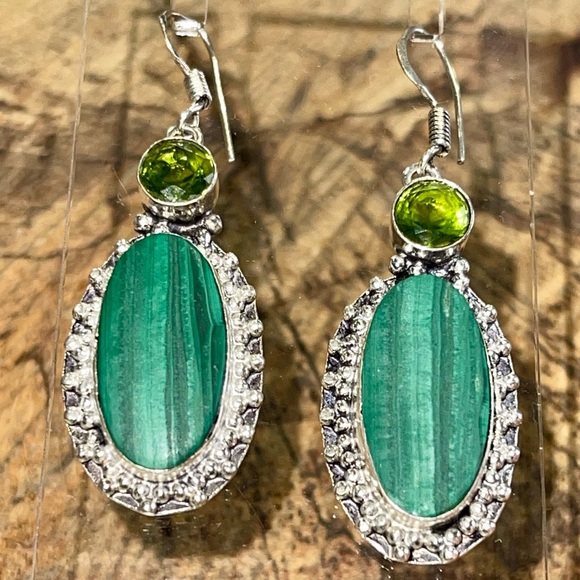 Green Oval Malachite Earrings 2” - Picture 5 of 7